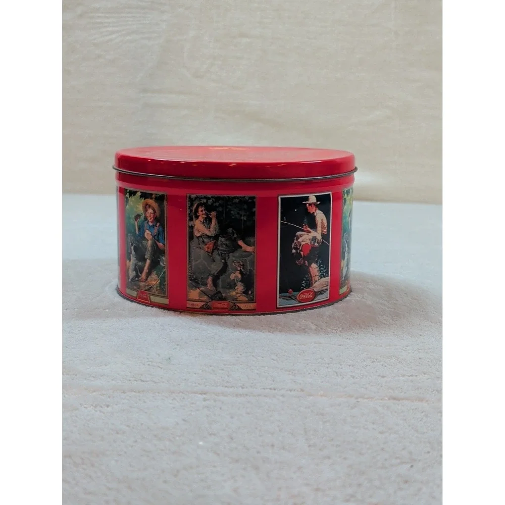 Vintage 1990 Coca-Cola Round‎ Metal Tin Red Collectible Nostalgic Illustrations